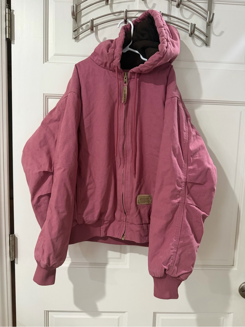 Vintage C.E Schmidt workwear fit for her pink hooded canvas jacket size medium
